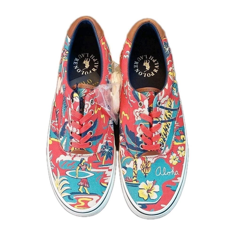Polo Ralph Lauren Mens Thorton III Hawaii Aloha Red Canvas Sneakers US 9D NEW!